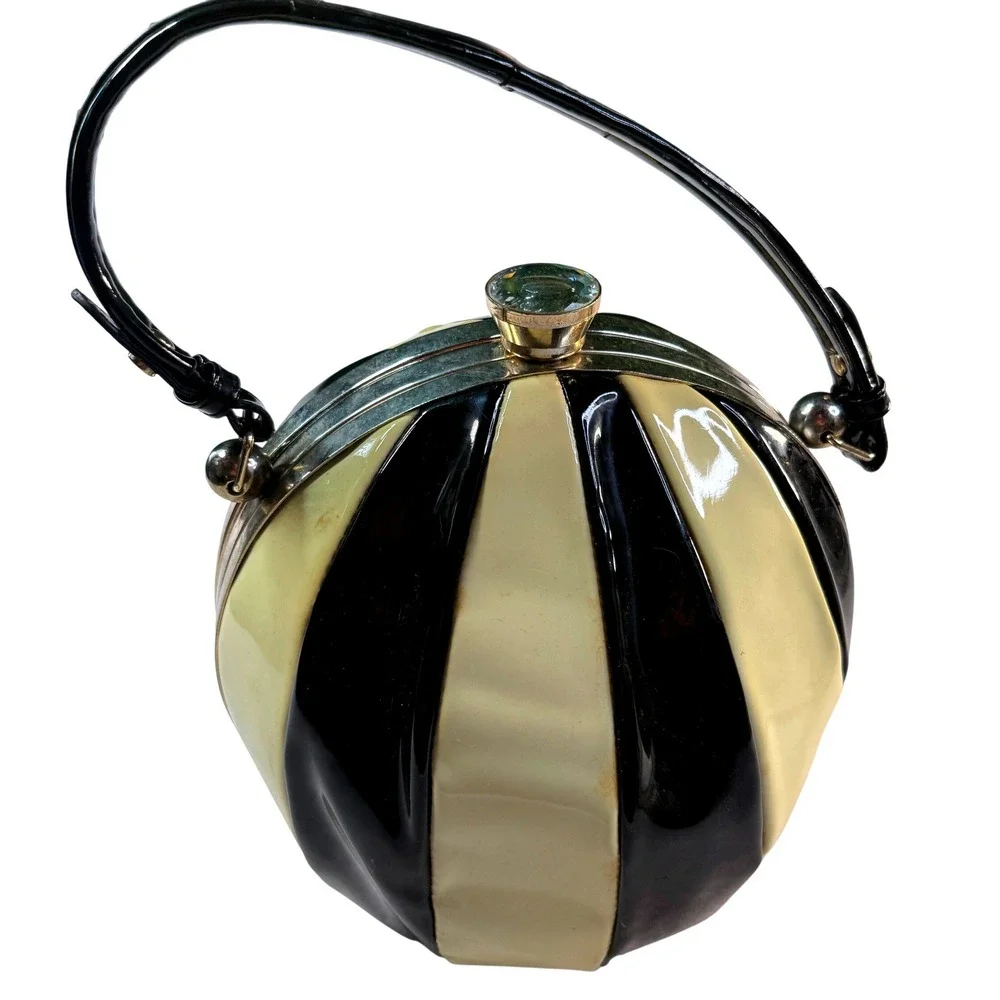 Vintage Mid Century Round Ball Purse Womens Lucite Acrylic Box Jeweled Clasp